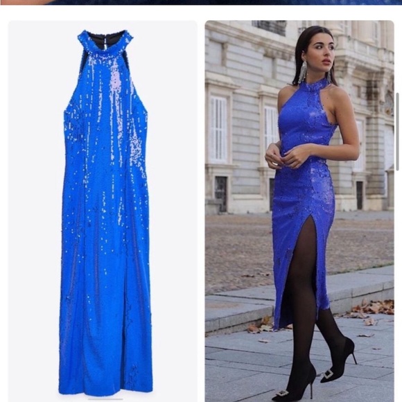 electric blue dress zara Hot Dark Navy Blue Spaghetti Strap Sparkle Sequin Sheath Prom Dresses –  Ballbella main image 1